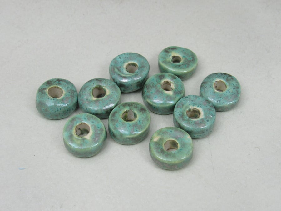 10 Small Verdigris Glazed Ceramic Washer Beads