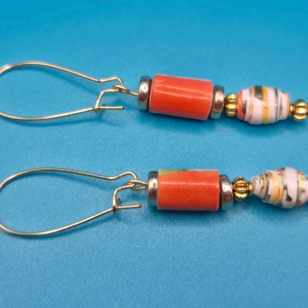Orange, cream and bronze dangling paper beaded earrings