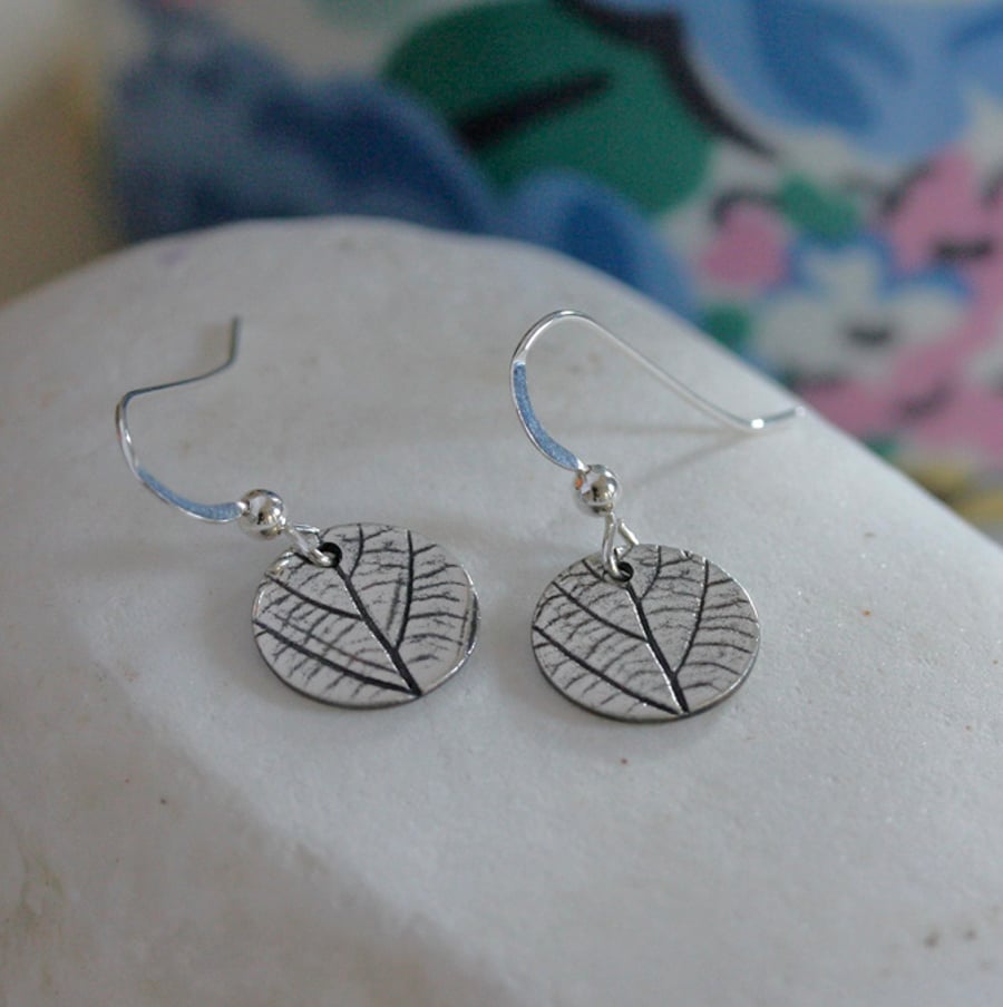 Small Silver round Leaf Print Earrings, Silver Earrings, Dark Finish