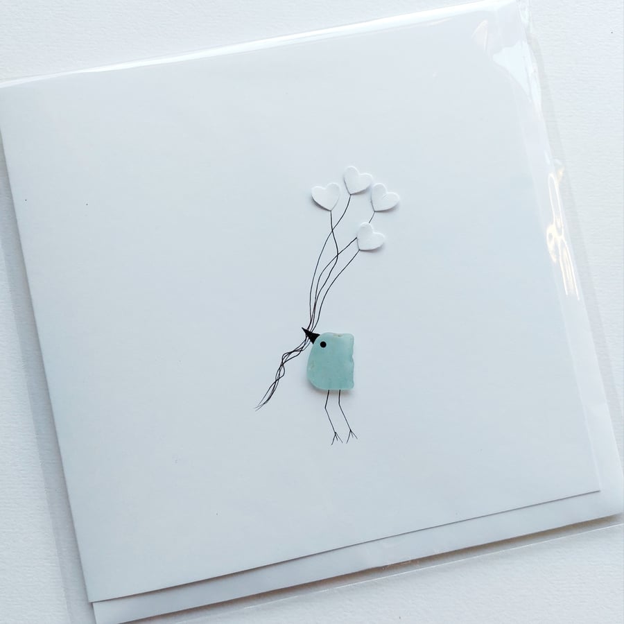 Sea Glass Art Greetings Card - Beach Glass Bird - Thank you Card, New Baby Card