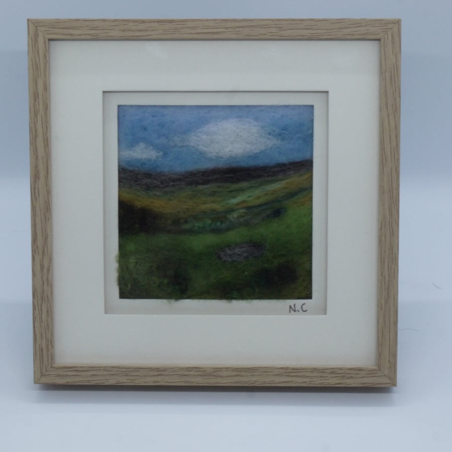 Handmade needle felted Countyside original art in wooden frame