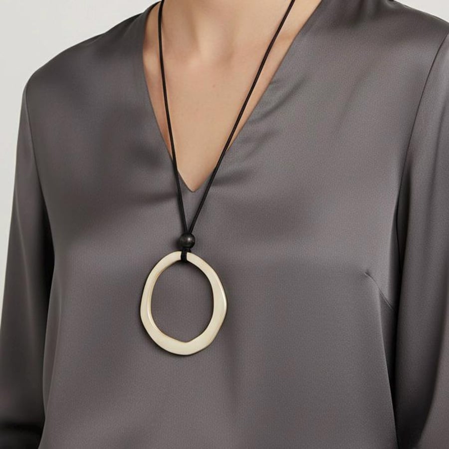 Oversized Organic Circle Pendant Necklace, Matte Gold Tone, Black Leather Cord