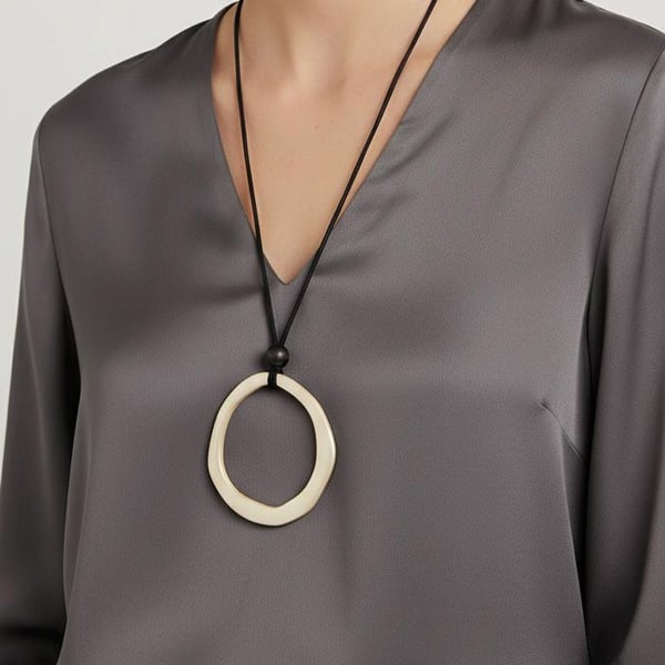 Oversized Organic Circle Pendant Necklace, Matte Gold Tone, Black Leather Cord