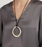 Oversized Organic Circle Pendant Necklace, Matte Gold Tone, Black Leather Cord