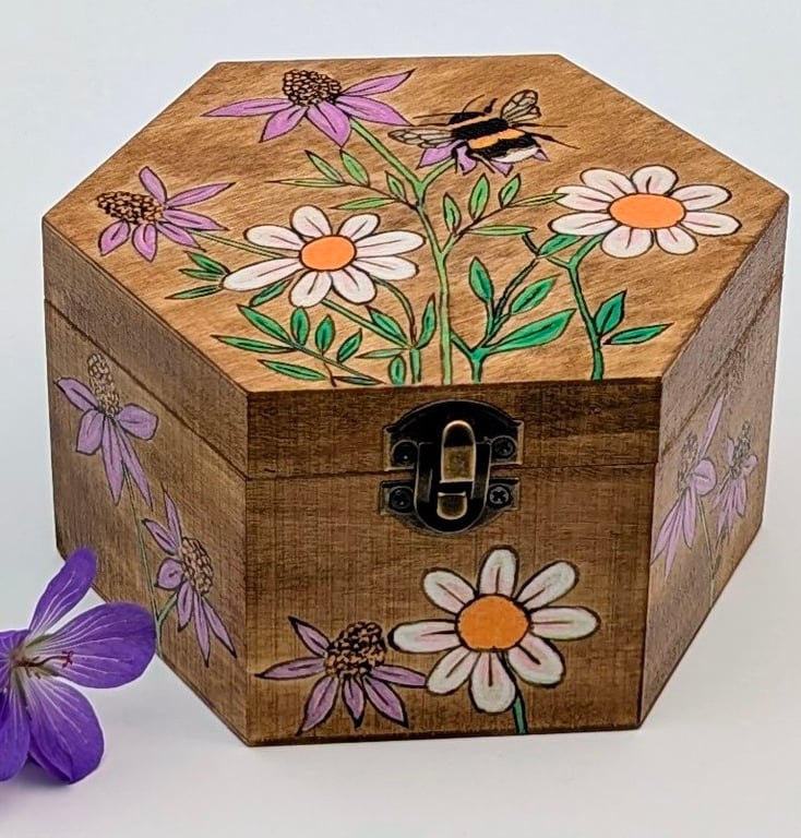 Pyrography bee and flowers wooden box, jewellery, trinket or keepsake box
