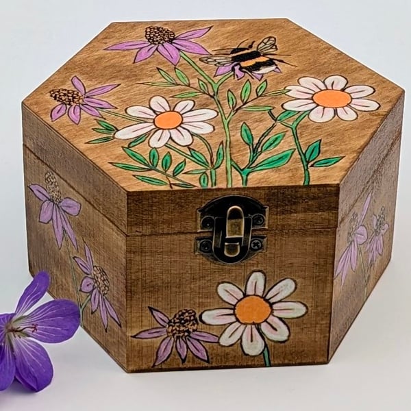Pyrography bee and flowers wooden box, jewellery, trinket or keepsake box