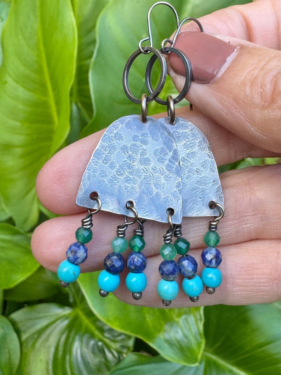 Vintage Coastal Inspired Boho Earrings with Turquoise, Lapis Lazuli & Green Jade