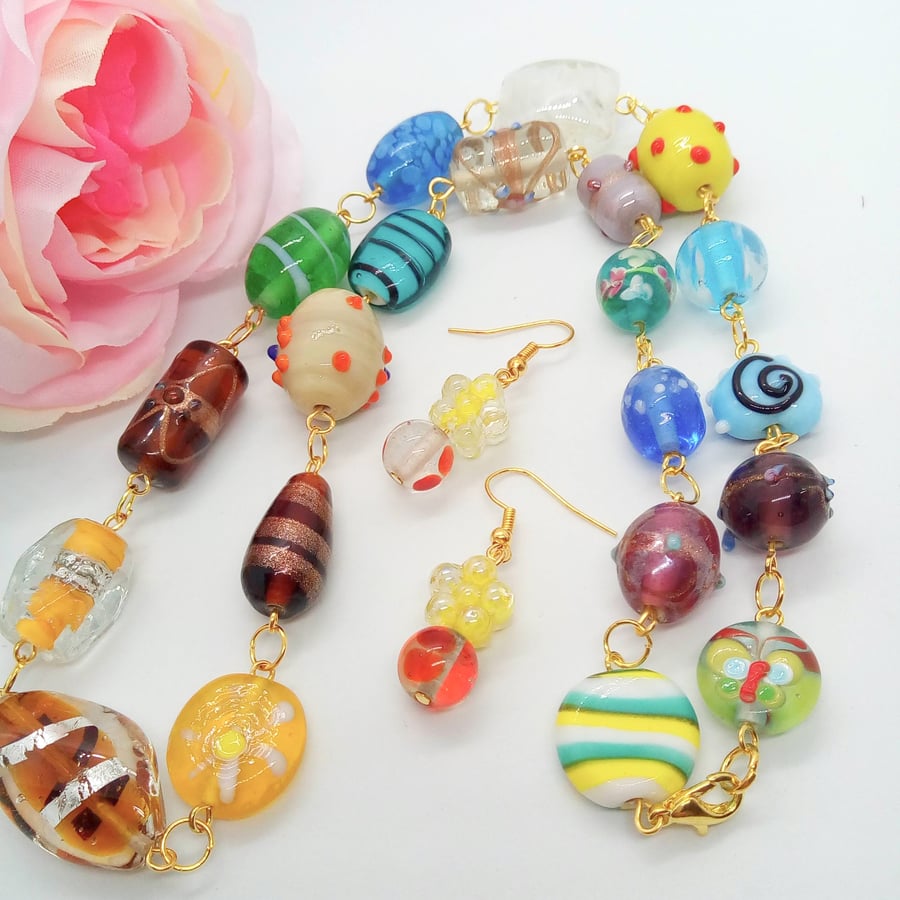 Rosary Style Multi Coloured Glass Lampwork Beaded Necklace and Earrings Set