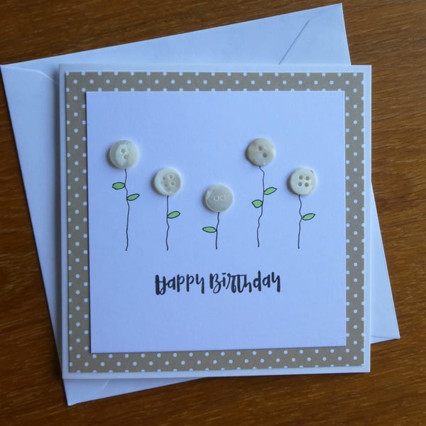 Birthday Card - Button Flowers - Taupe