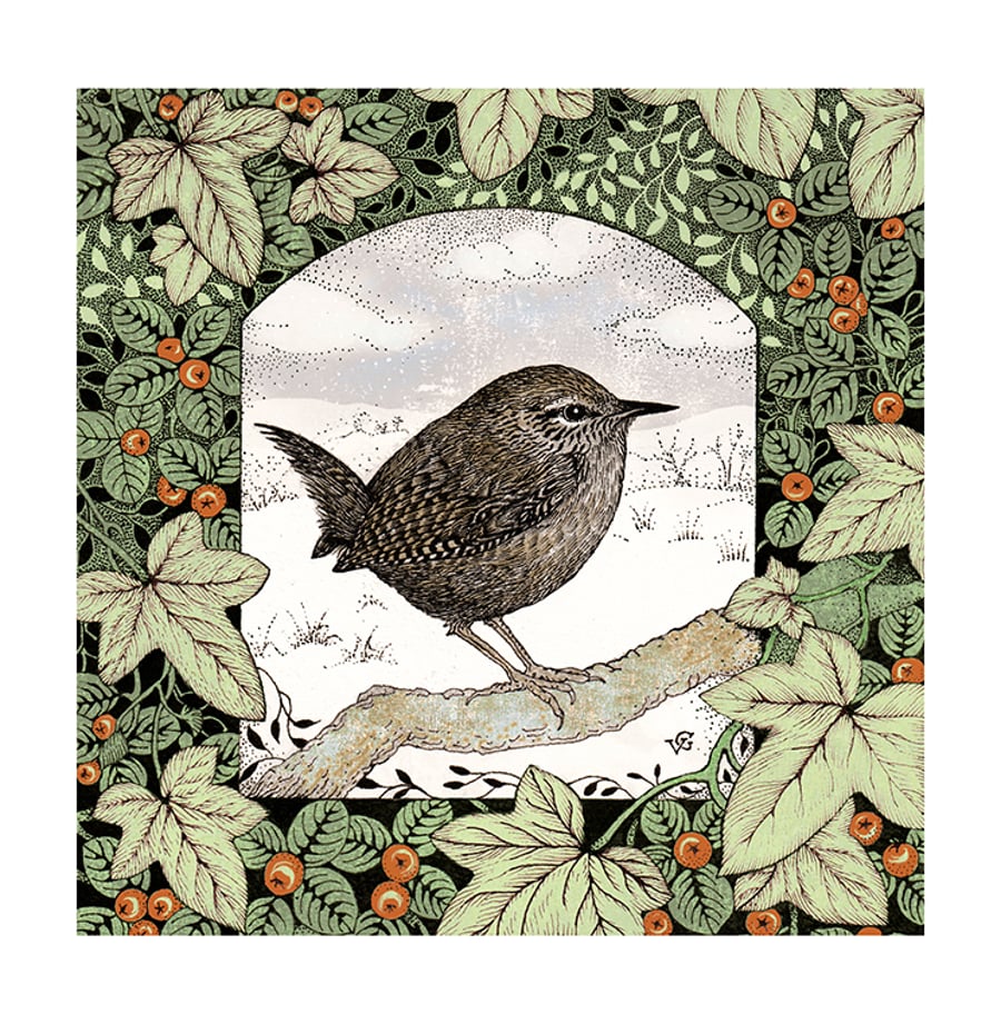 Merry Berry Wren with Ivy print by Valerie Greeley