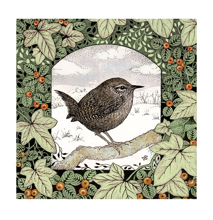 Merry Berry Wren with Ivy print by Valerie Greeley