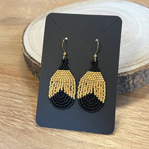 Gold and black beadwork teardrop earrings