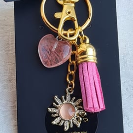 Brighter Days Keyring 4 - Light Pink Sun, Pink Tassel, Pink Gemstone Heart.