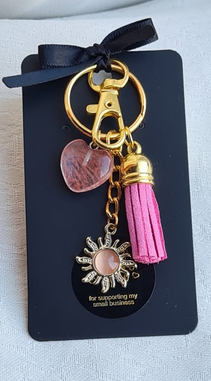 Brighter Days Keyring 4 - Light Pink Sun, Pink Tassel, Pink Gemstone Heart.