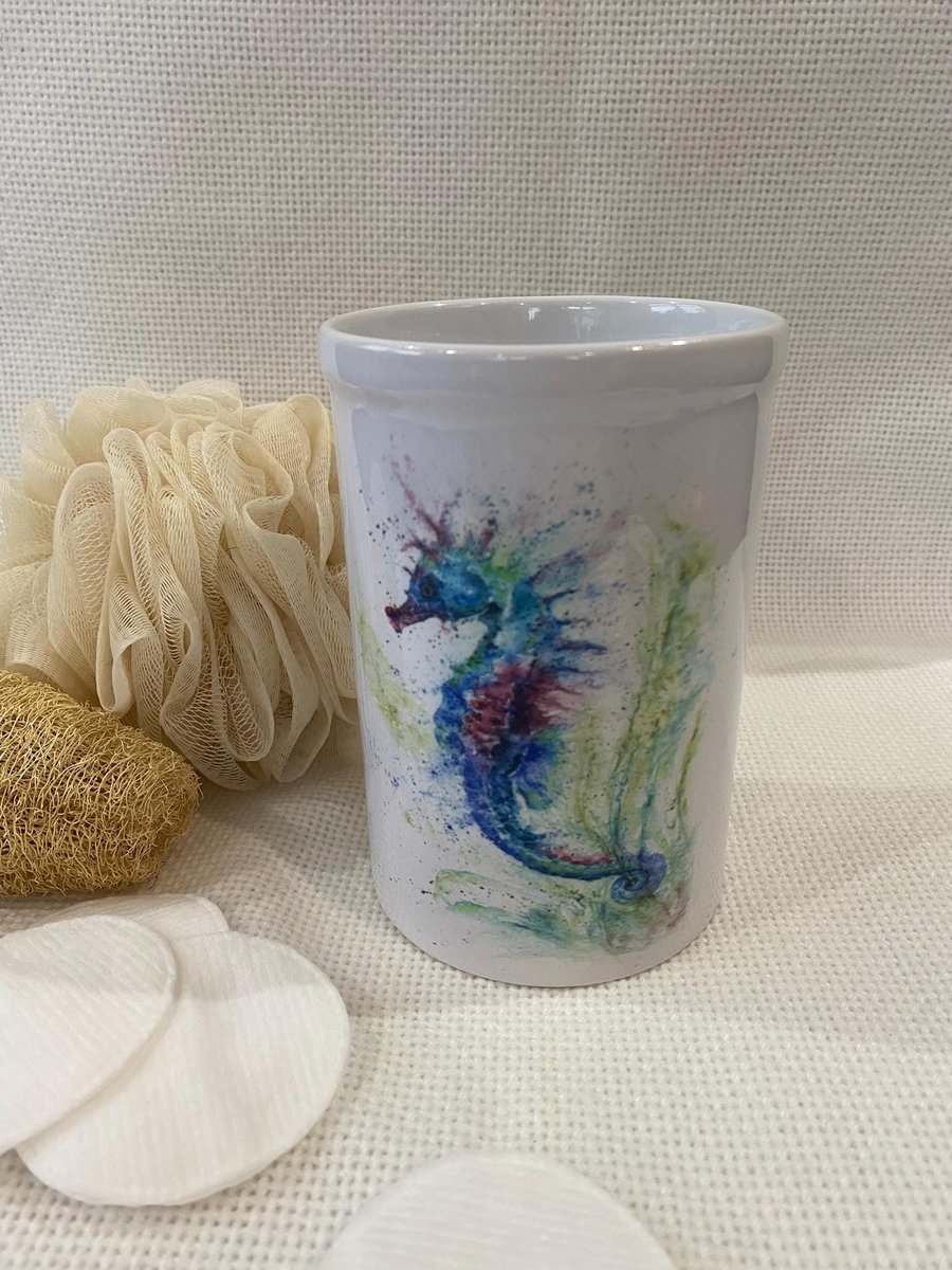 Ceramic Seahorse Vase, Toothbrush Holder, Pen Caddy. By Watercolour Artist Sandi