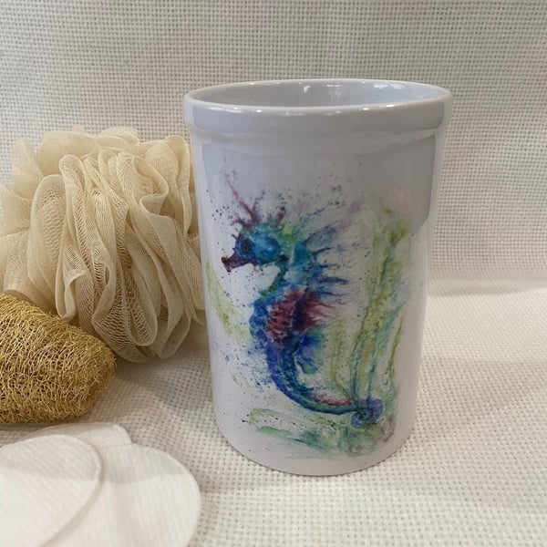 Ceramic Seahorse Vase, Toothbrush Holder, Pen Caddy. By Watercolour Artist Sandi