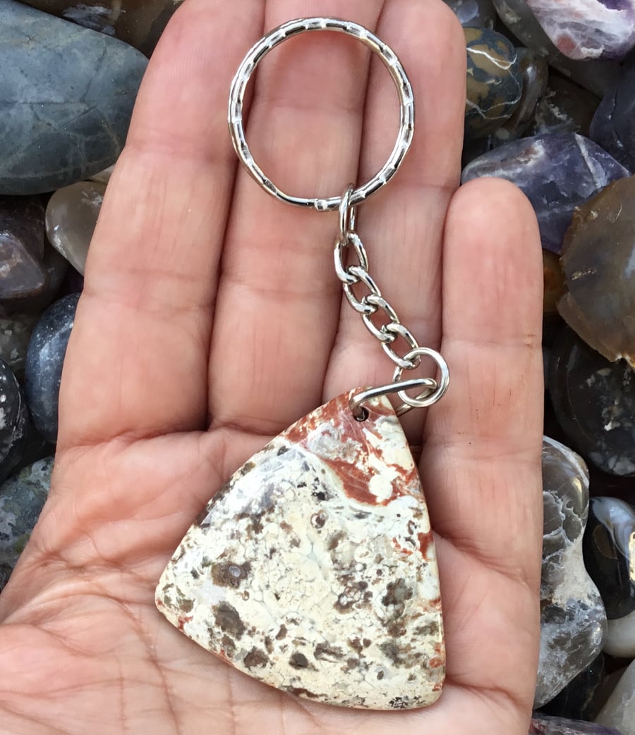 Cream and Russet toned Brecciated Jasper Gemstone Keyring or Handbag Charm.