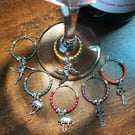 Set of Six Wine Glass Markers with Silver Skater Girl Charms & Seed Beads - OOAK