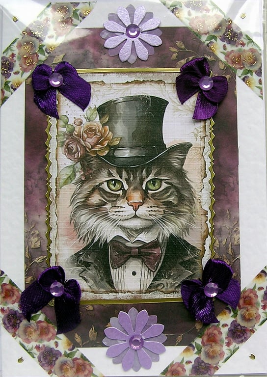 Gentleman Tabby Cat - Hand Crafted Decoupage Greeting Card - Blank (3307)