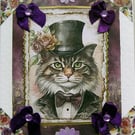 Gentleman Tabby Cat - Hand Crafted Decoupage Greeting Card - Blank (3307)