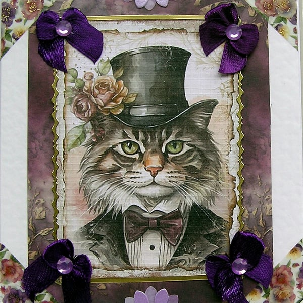 Gentleman Tabby Cat - Hand Crafted Decoupage Greeting Card - Blank (3307)