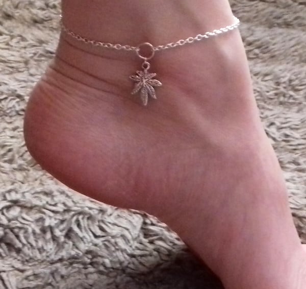 Cannabis Leaf Marijuana Leaf Anklet Ankle Bracelet Silver Plate 