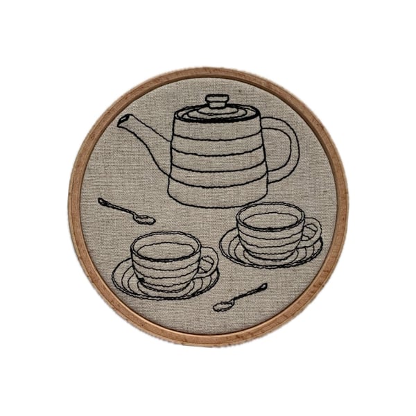 Teapot Sketch Embroidery Hoop: Tea Cups on Linen (4 inch)