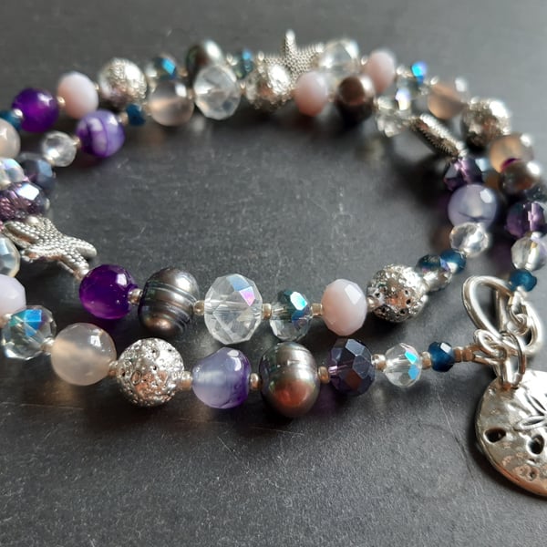 Stormy Heather Tibetan Silver, Crystal & Semi precious Front Fastening necklace
