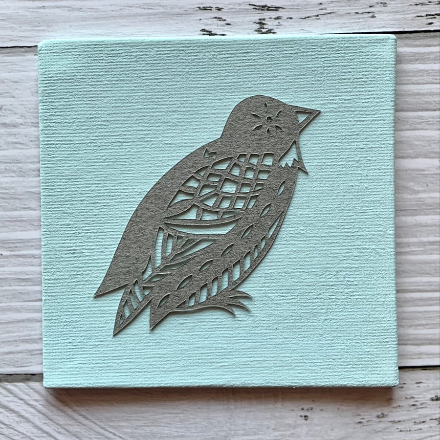 Mini Bird 'Albert' Original Hand Cut Papercut on Canvas - Grey