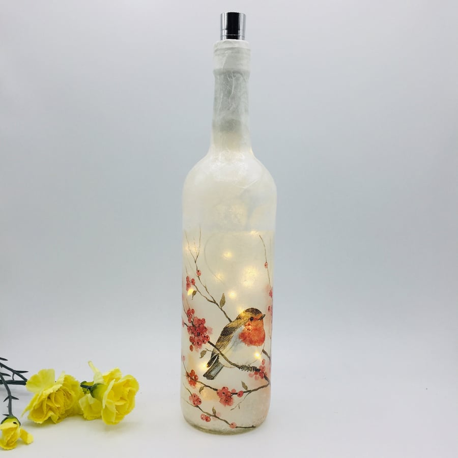 Decoupage bottle with lights, red robin, winter design, red lamp