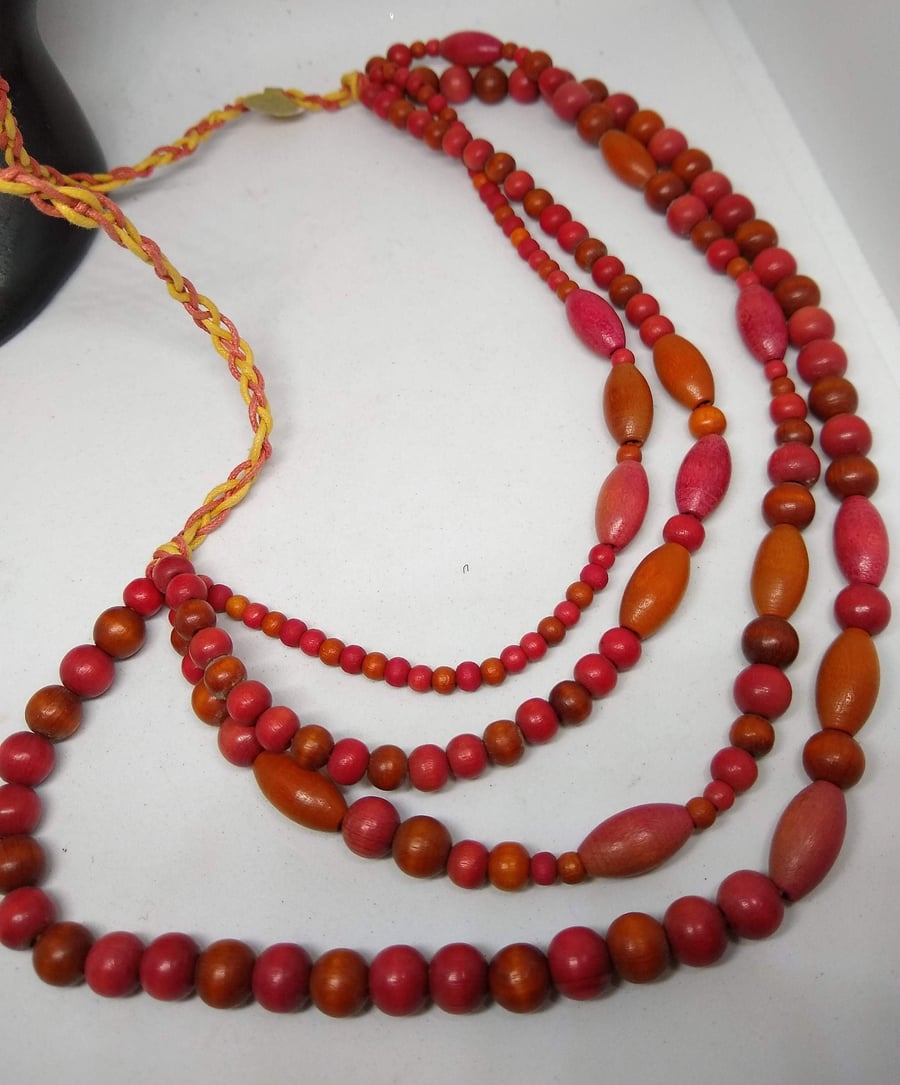 4 Strand Red Rainbow Bead Necklace - Unusual Toggle Fastening Handmade