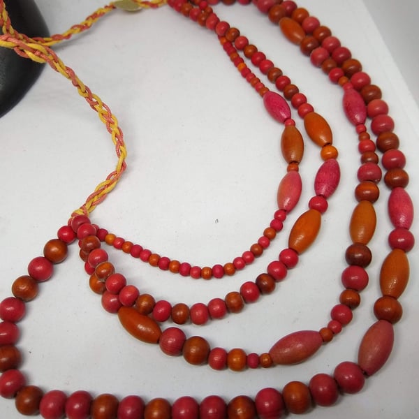 4 Strand Red Rainbow Bead Necklace - Unusual Toggle Fastening Handmade