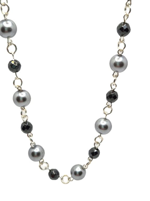 Faux pearl and haematite rosary linked necklace