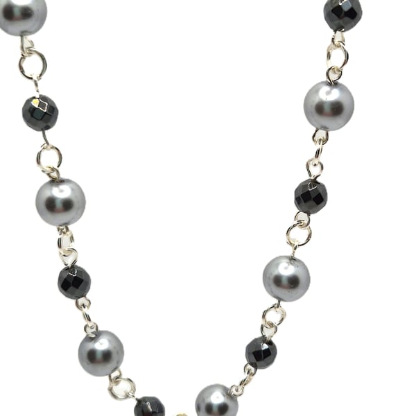 Faux pearl and haematite rosary linked necklace