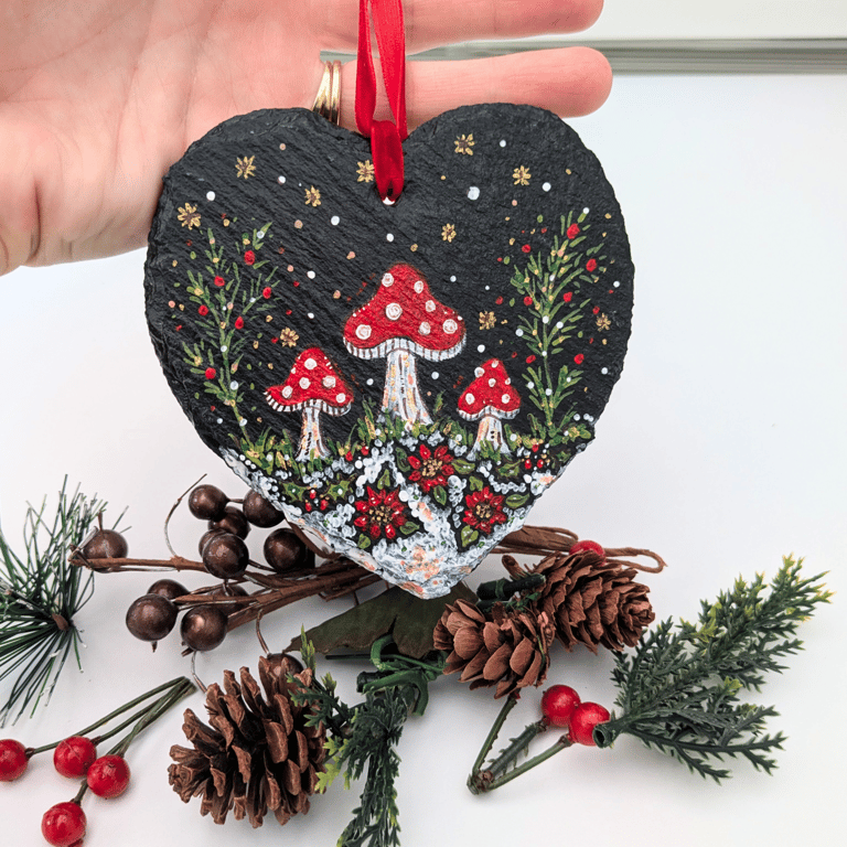 Toadstool hand-painted slate heart Christmas decoration 