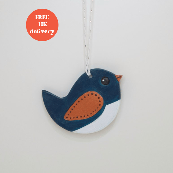 Bird decoration, clay home decor hanging gift, dark turquoise and bronze