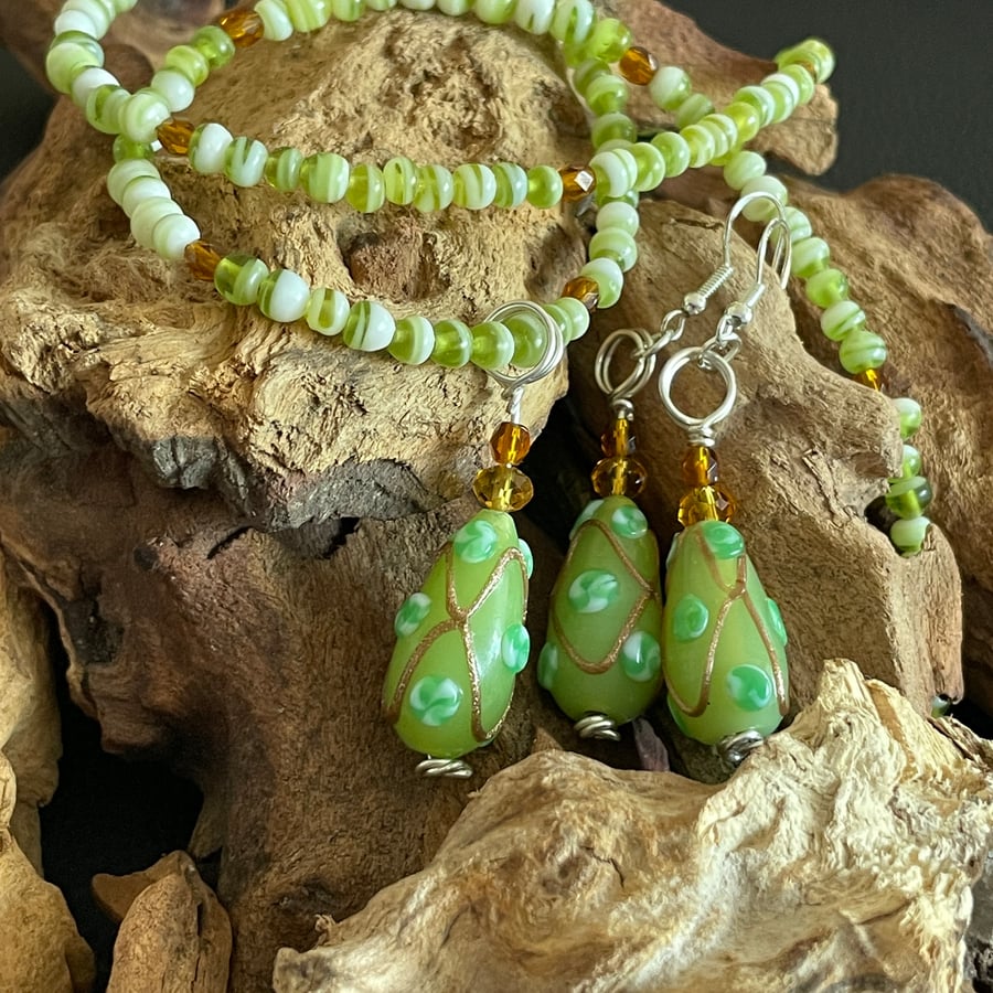 Handmade Green Beaded Necklace & Drop Earrings