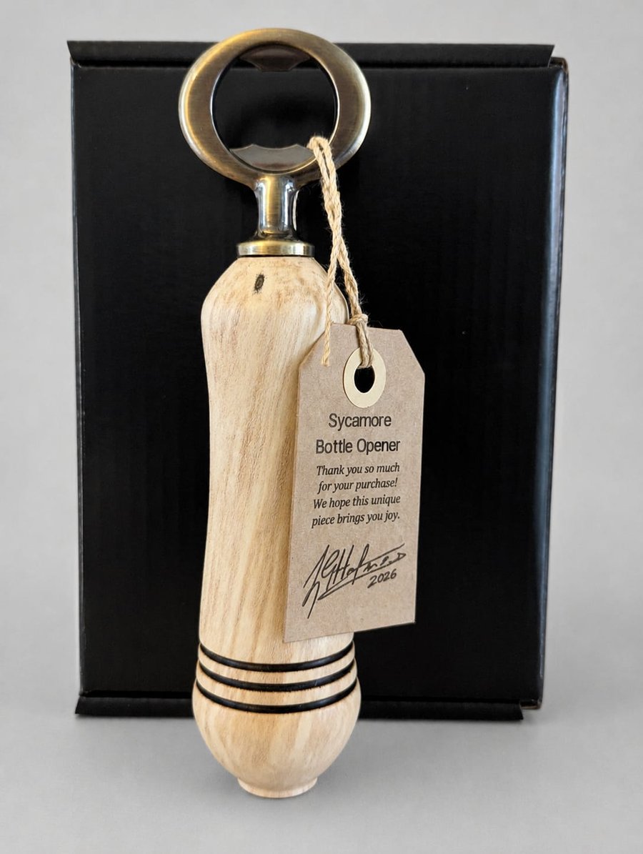 Handcrafted sycamore bottle opener 