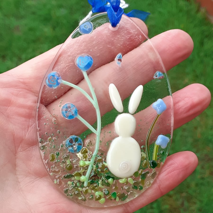 Fused glass Easter egg hanging decoration with bunny