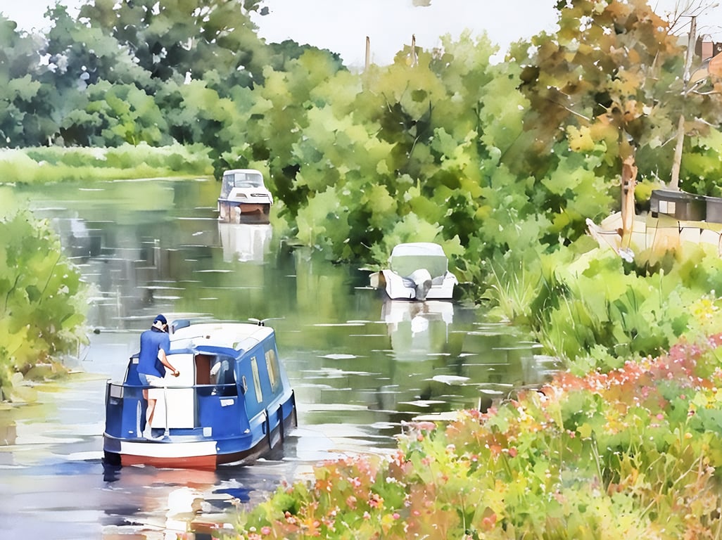 Print of Original Water Colour A4 Boats on The Fens Norfolk