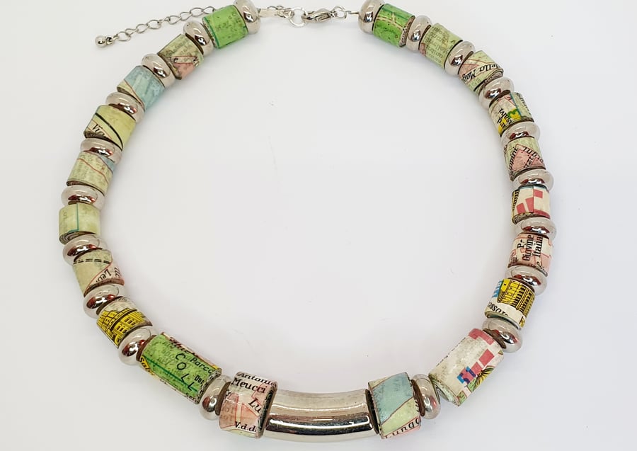 Paper beaded necklace made from an old map of Rome