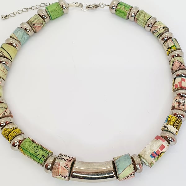 Paper beaded necklace made from an old map of Rome