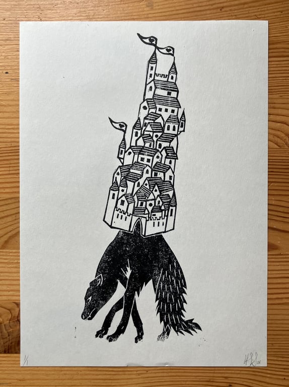 The Weight and the Balance, fairy tale linocut print of a fox and a castle