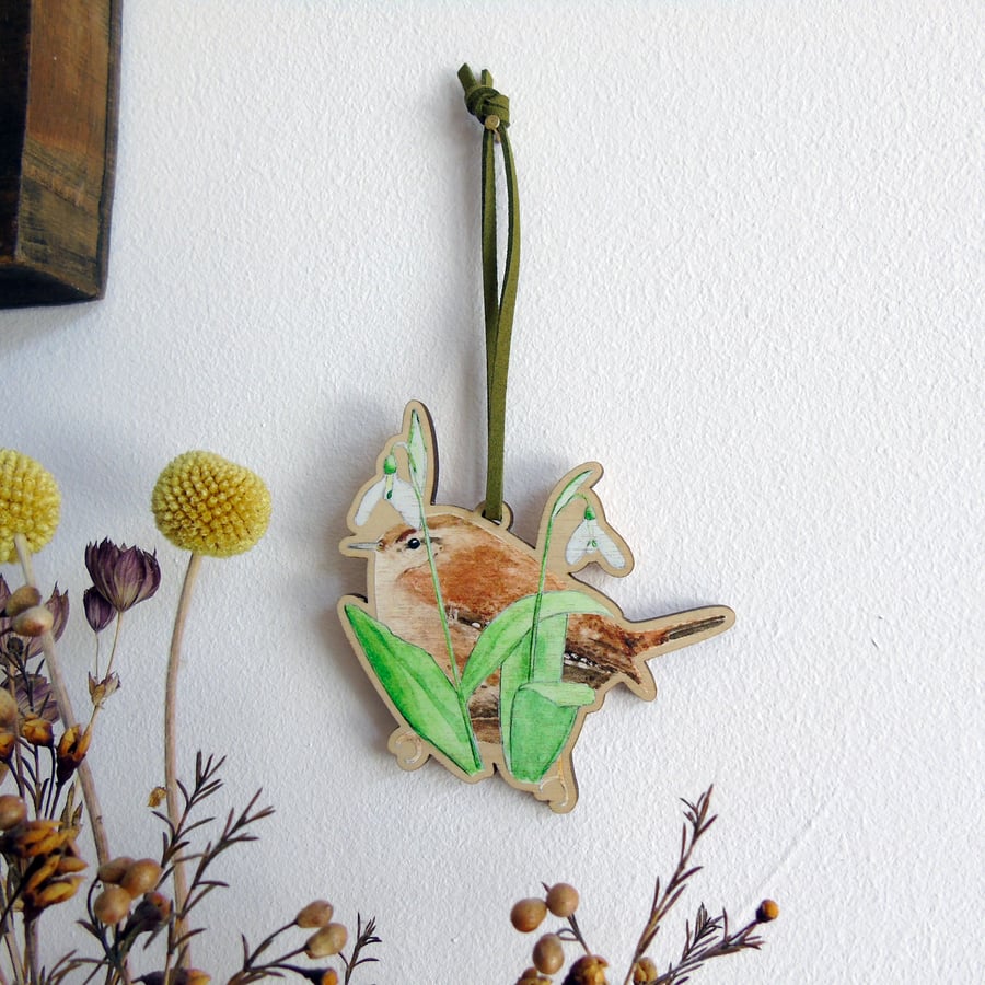 Wren and Snowdrops Wooden Hanging Decoration