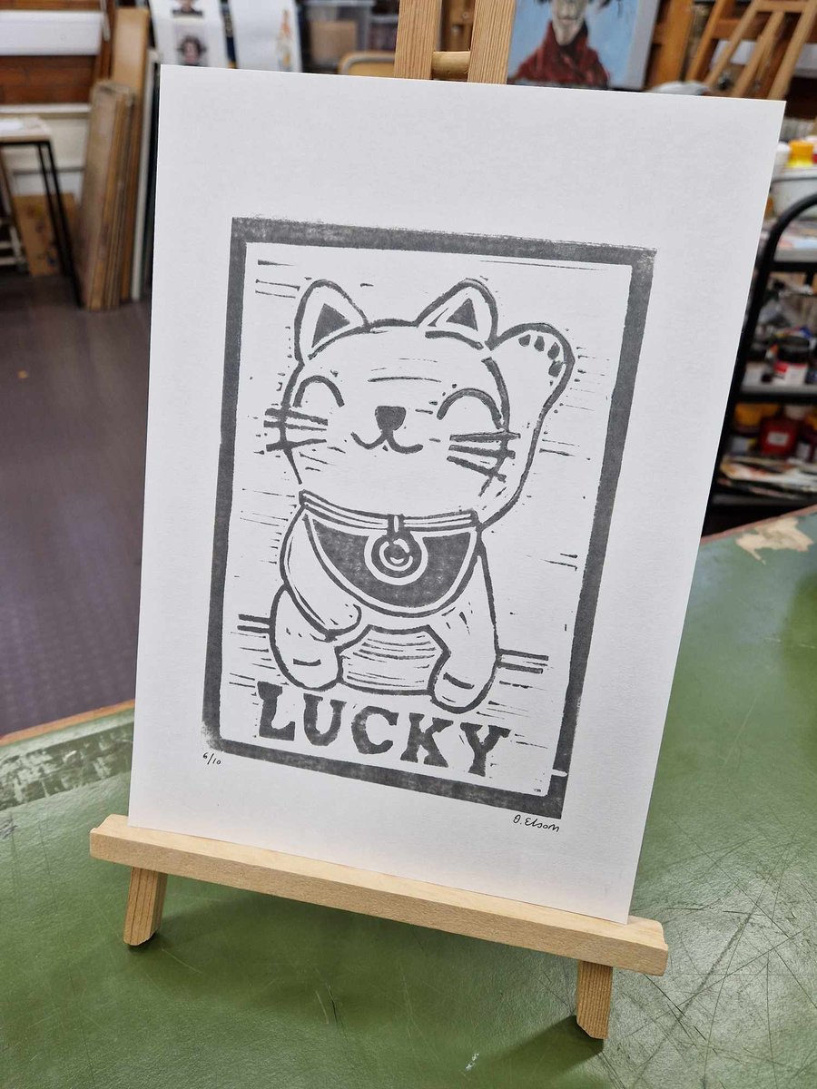 LUCKY CAT A4 lino print. Edition of 10. Fundraiser for Tabby Teas, Sheffield.