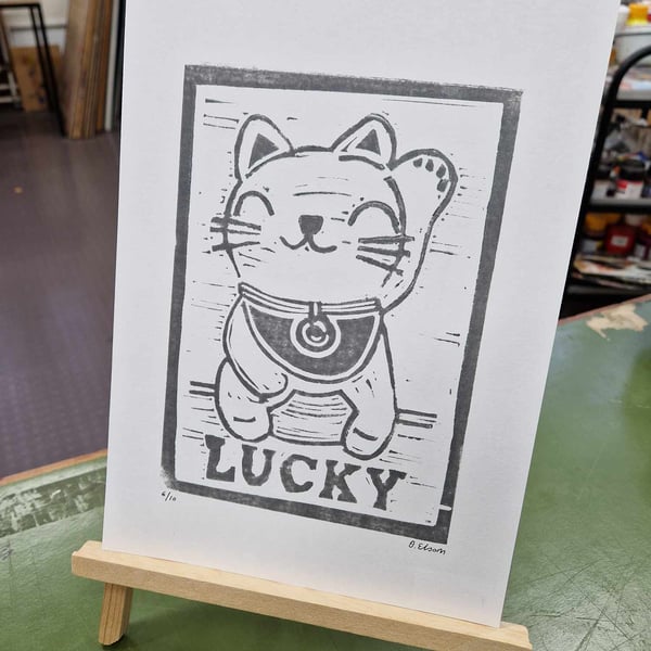 LUCKY CAT A4 lino print. Edition of 10. Fundraiser for Tabby Teas, Sheffield.
