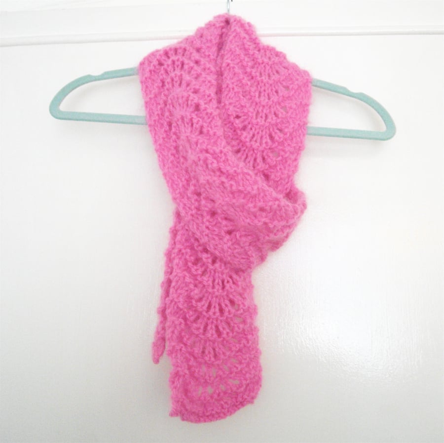 Candy Pink Lacy Hand Knitted Skinny Scarf