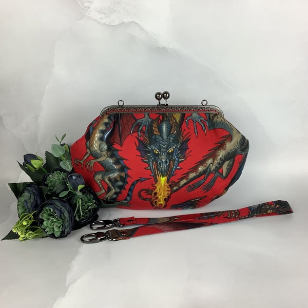 Dragons medium fabric frame clutch handbag, Detachable strap
