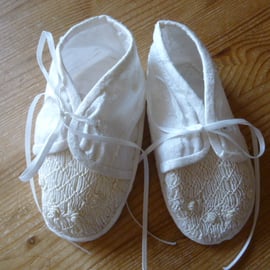 Hand Smocked Silk Christening Shoes, Ivory, age 6 months