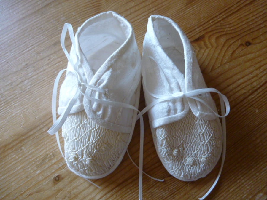 Hand Smocked Silk Christening Shoes, Ivory, age 6 months